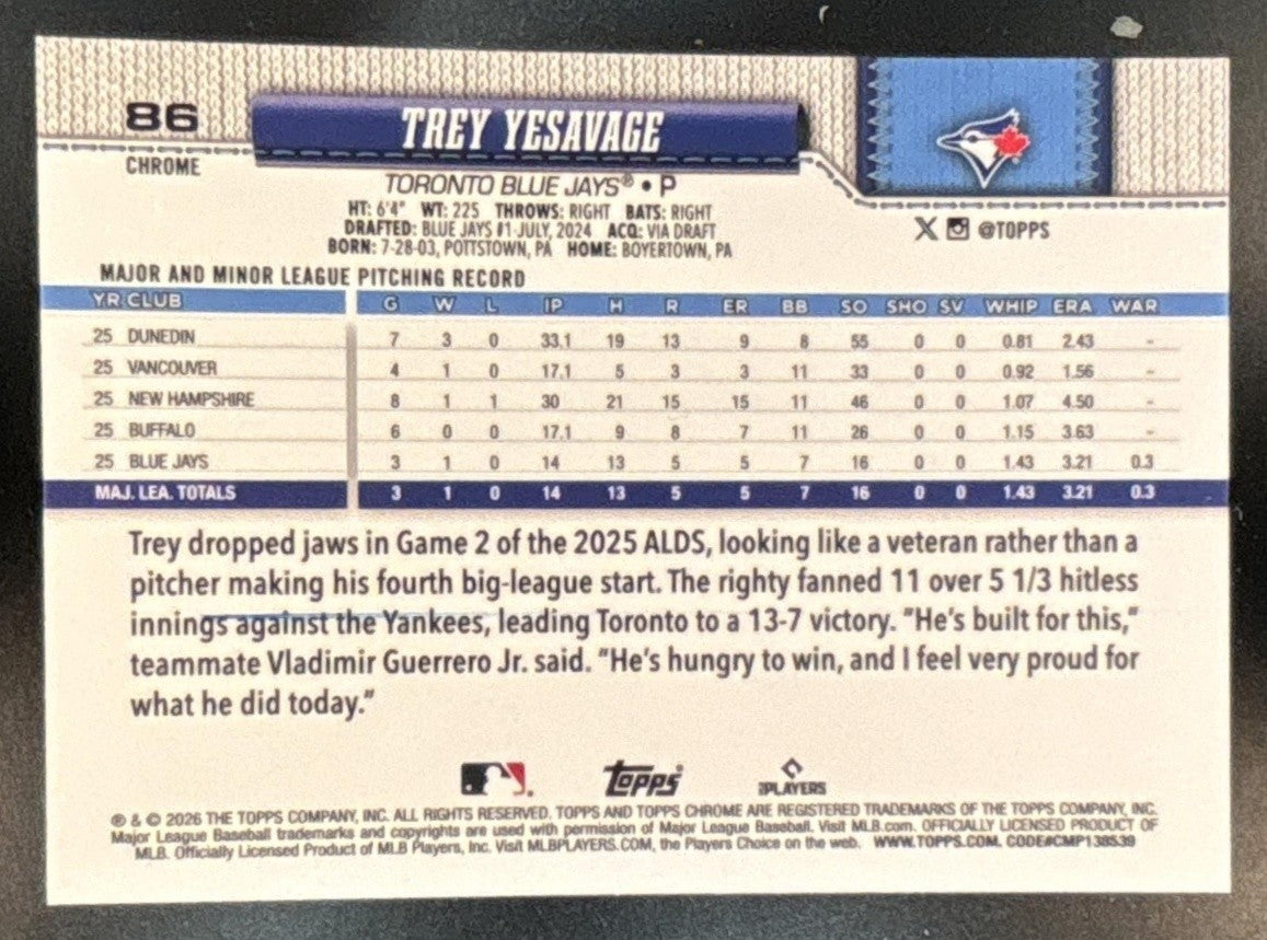2026 Topps Chrome Trey Yesavage Green Refractor /99 #86 RC Toronto Blue Jays