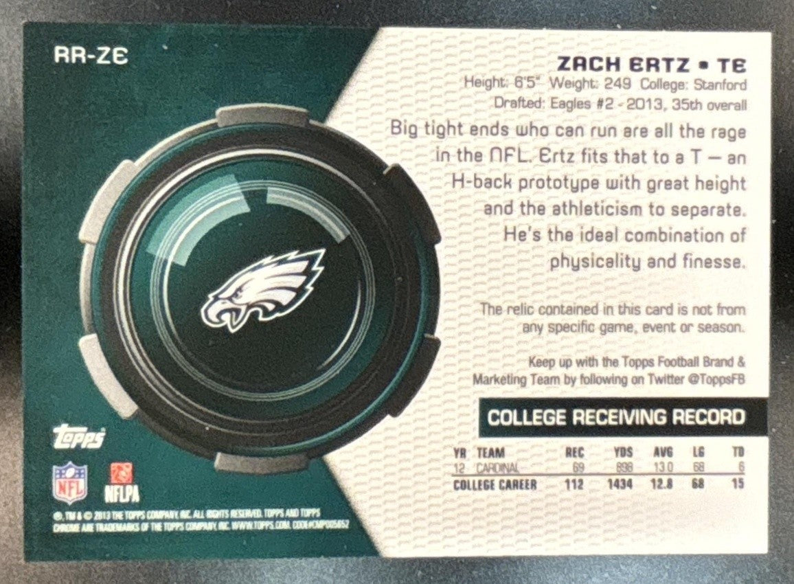 2013 Topps Chrome Zach Ertz Rookie Relics #RR-ZE RC Philadelphia Eagles