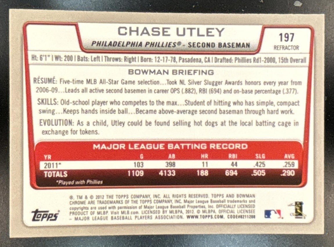 2012 Bowman Chrome Chase Utley X Fractors #197 Phillies