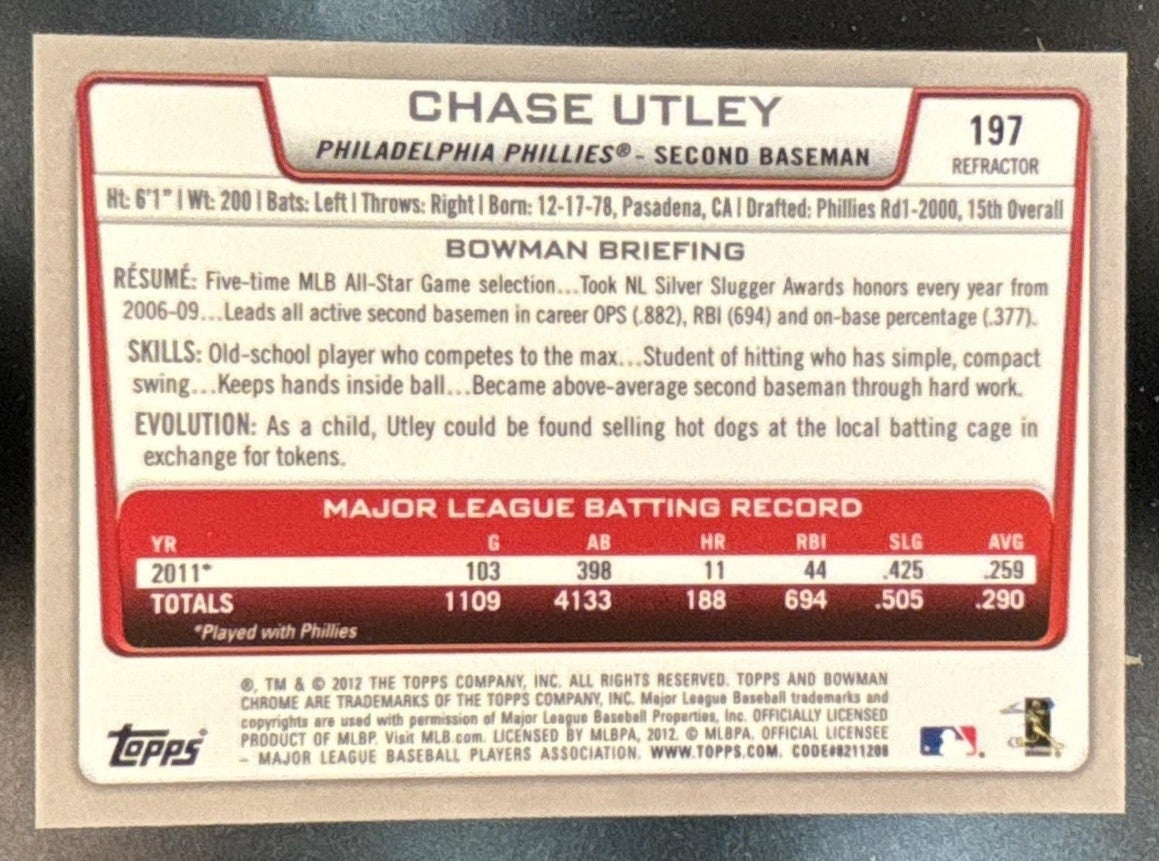 2012 Bowman Chrome Chase Utley Green Refractor #197 Philadelphia Phillies