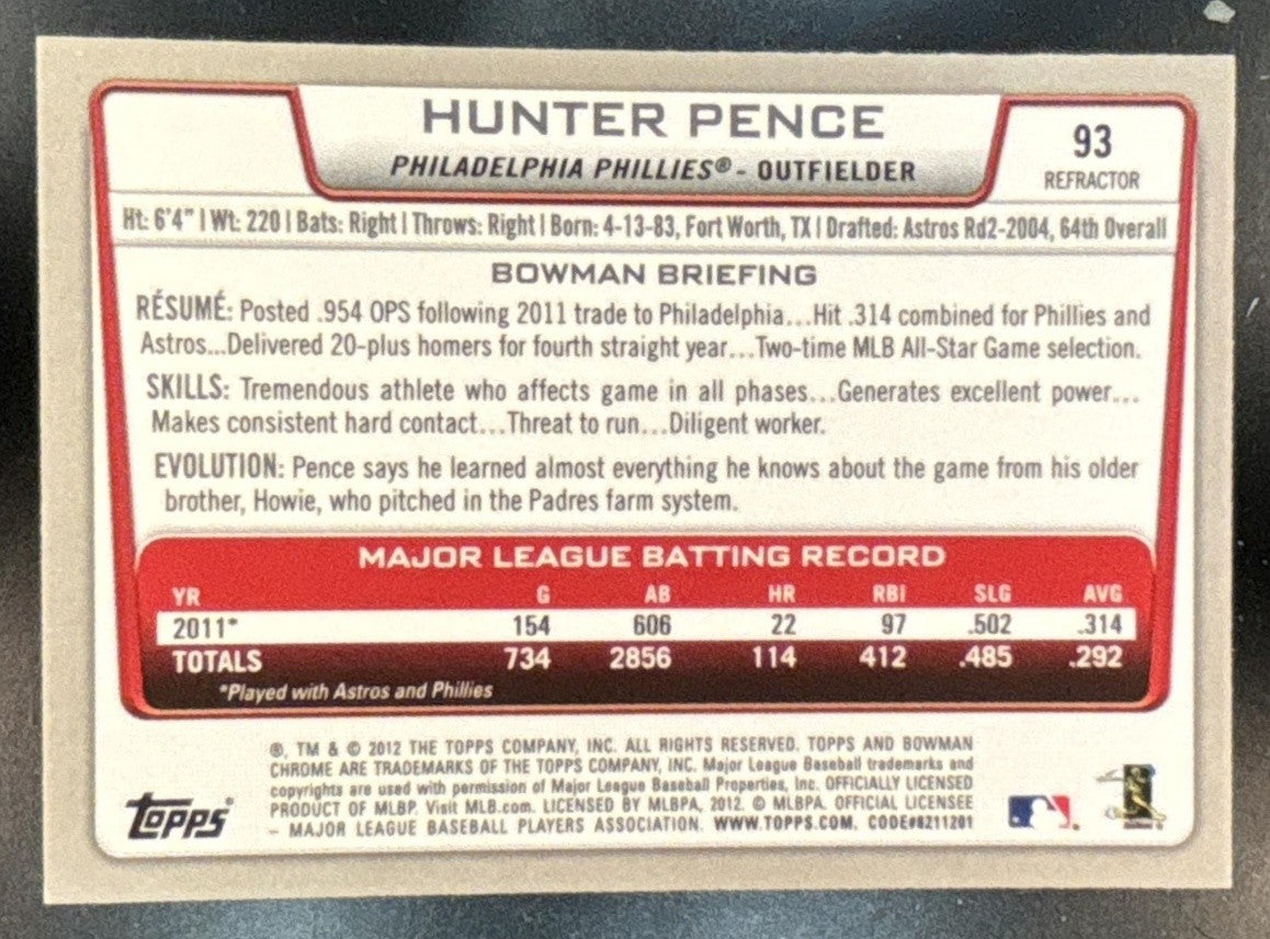 2012 Bowman Chrome Hunter Pence X Fractors #93 Philadelphia Phillies