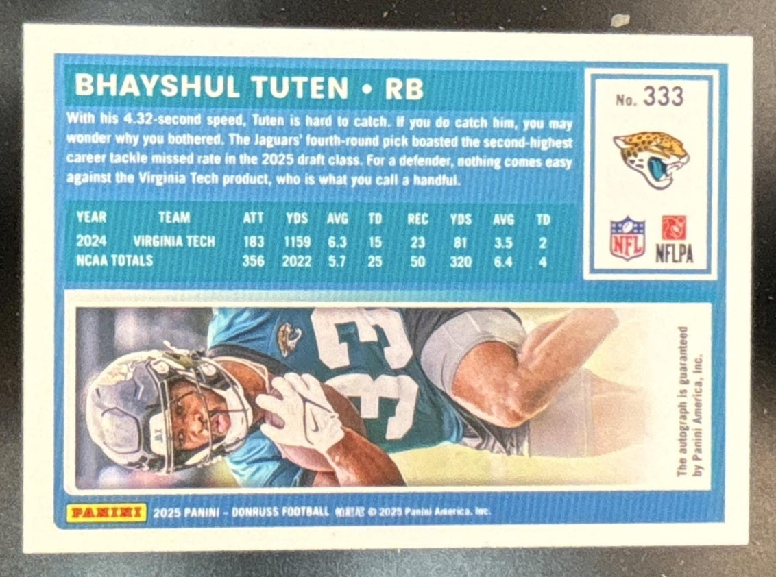 2025 Panini Donruss Bhayshul Tuten Rated Rookie Auto Blue /150 #333 RC