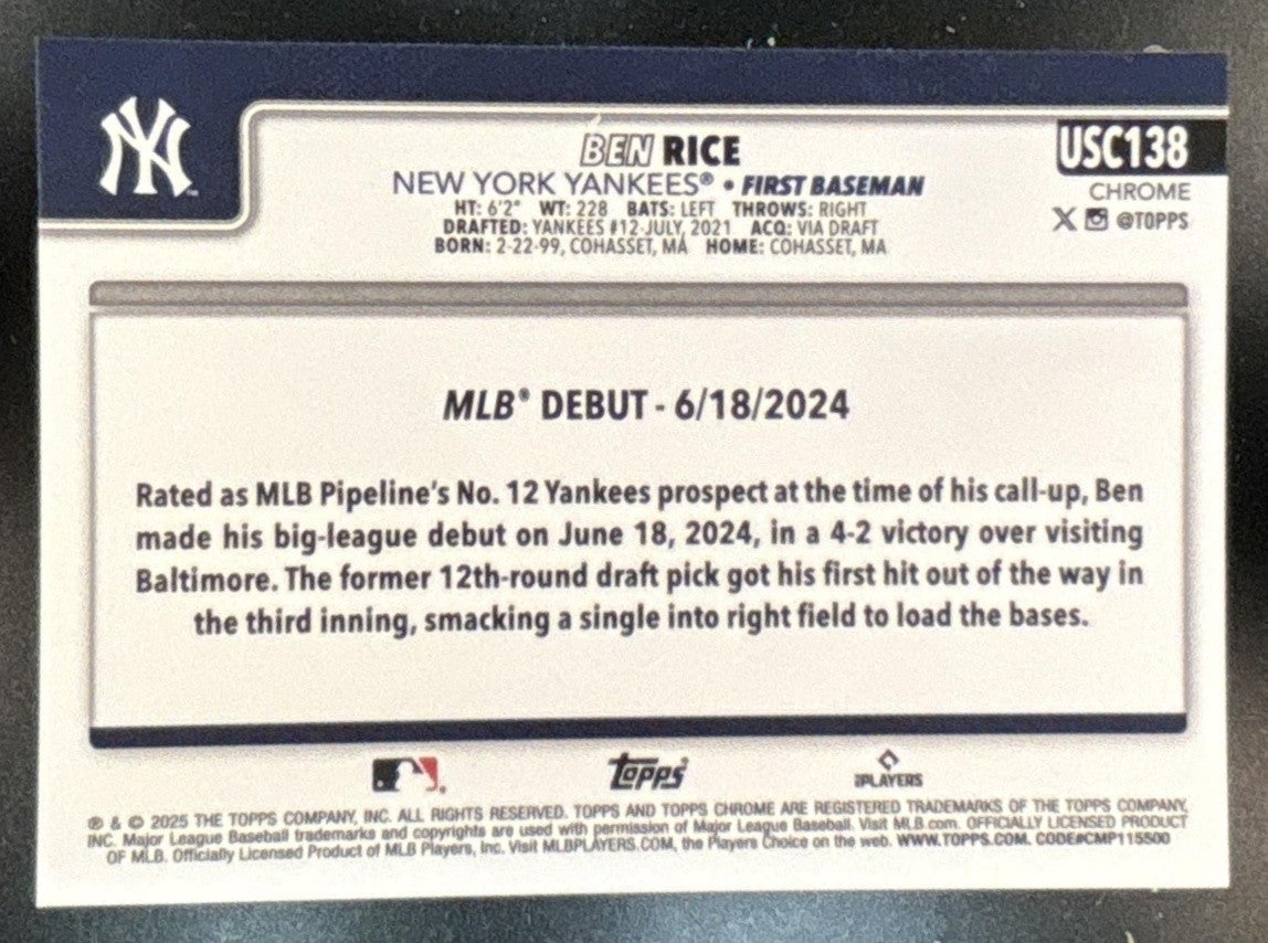 2025 Topps Chrome Update Ben Rice #USC138 RC Yankees