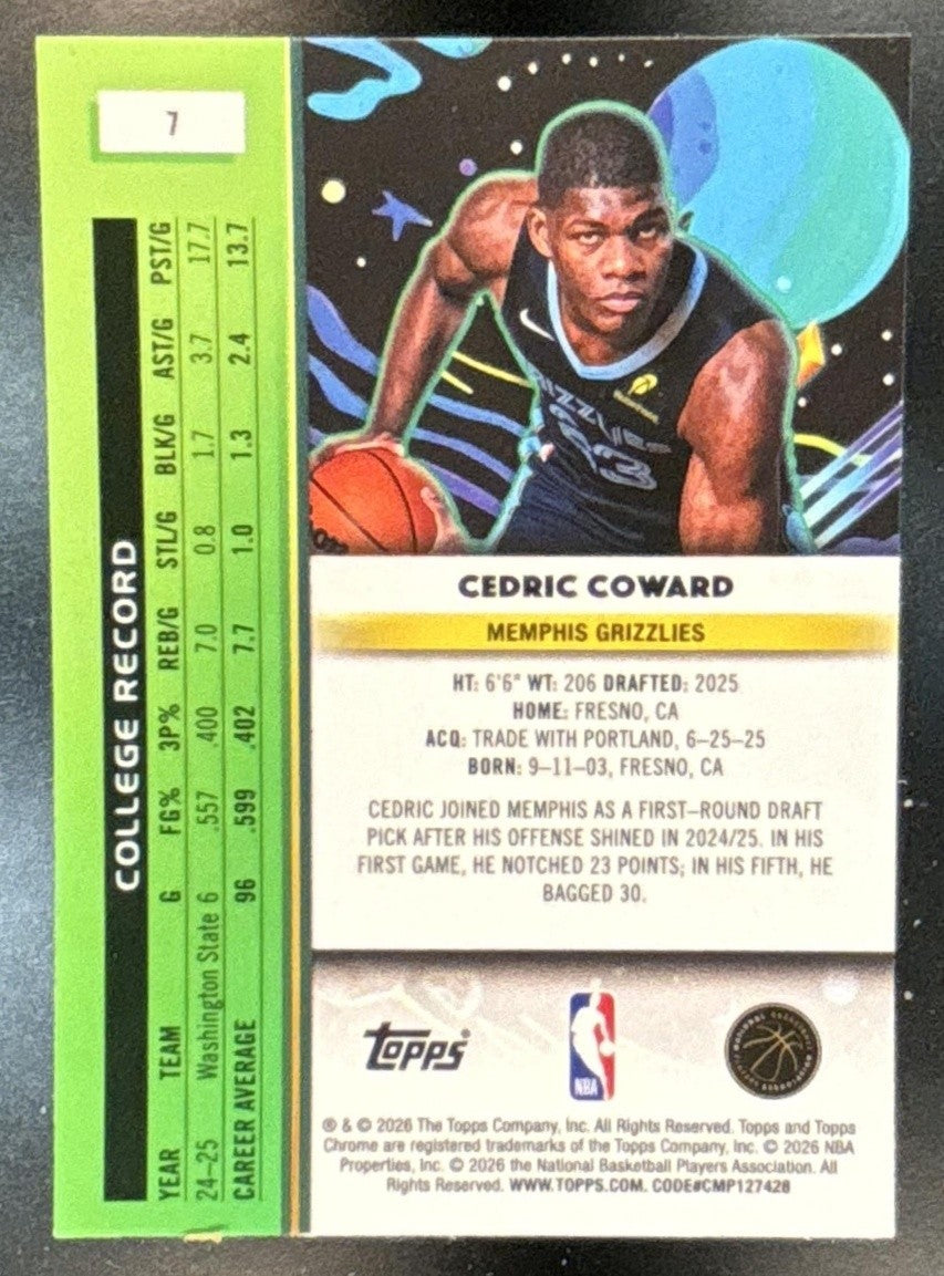 2025-26 Topps Cosmic Chrome Cedric Coward #7 RC Memphis Grizzlies