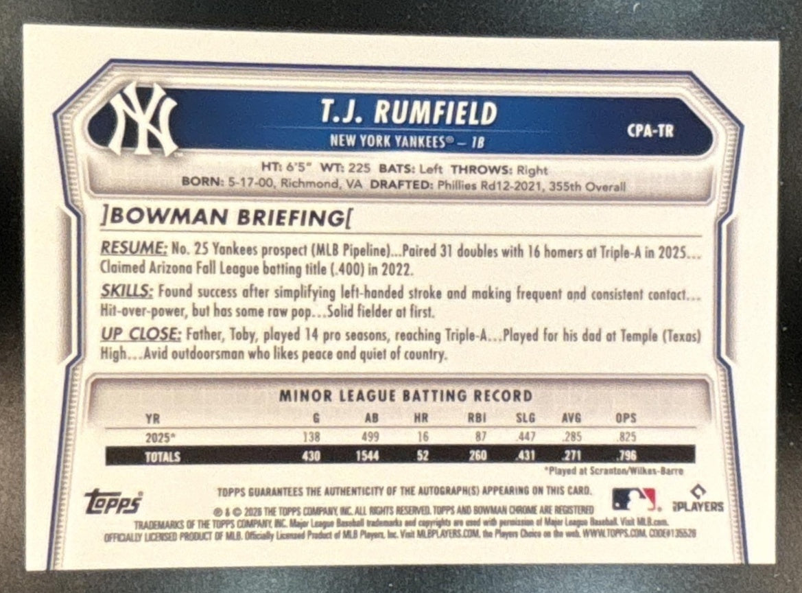 2026 Bowman T.J. Rumfield Chrome Auto Green Refractor /99 1st Prospect Yankees