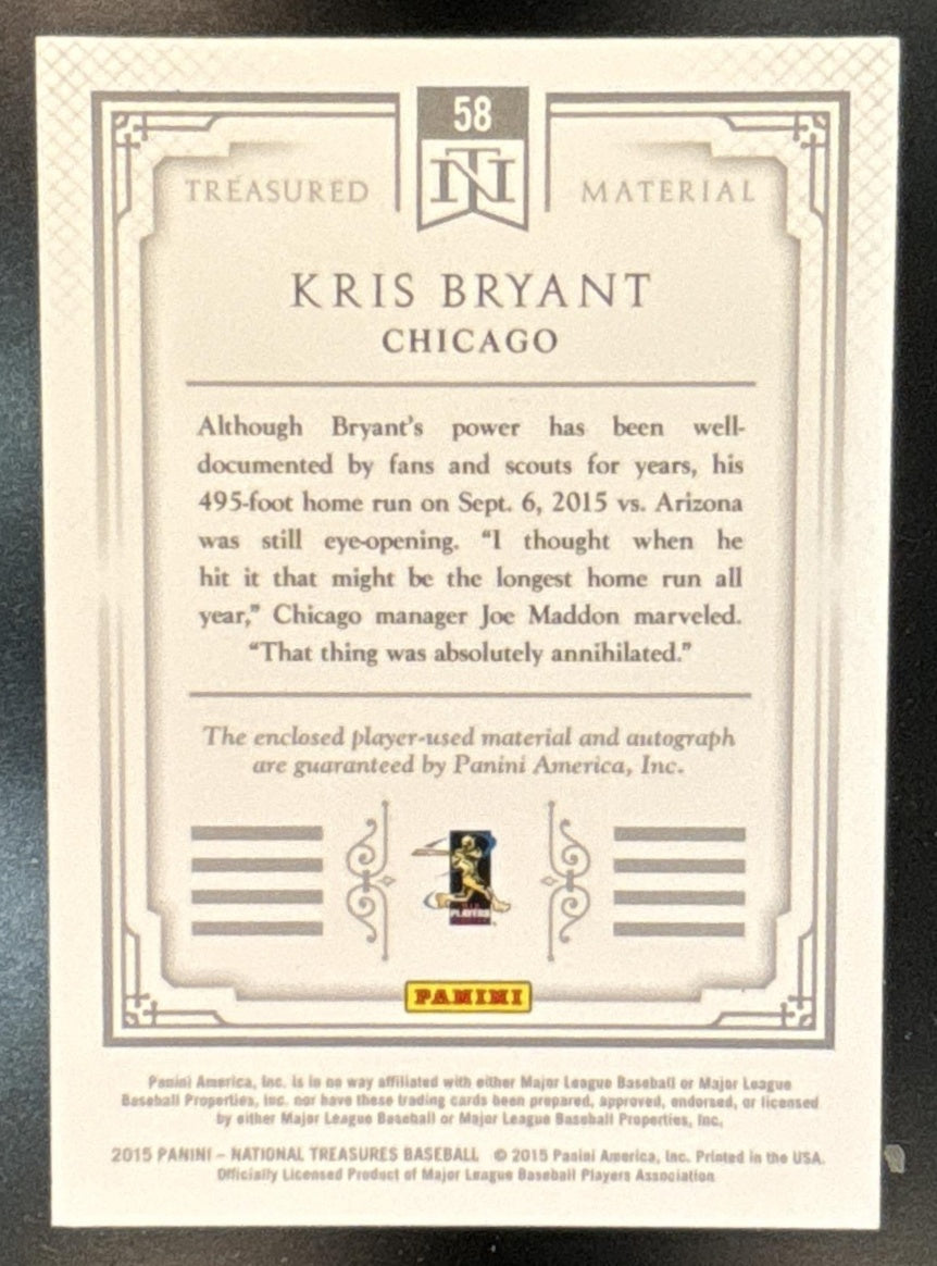 2015 National Treasures Kris Bryant Signature Materials /99 #58 MEM Auto RC Cubs