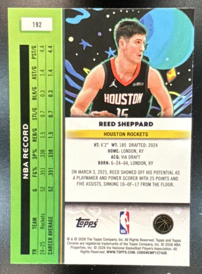 2025-26 Topps Cosmic Chrome Reed Sheppard Blue Moon /99 #192 Houston Rockets