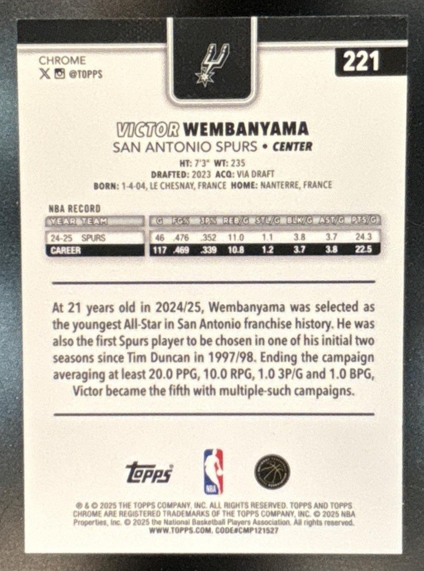 2025-26 Topps Chrome Victor Wembanyama RayWave Blue Refractor /150 #221 Spurs