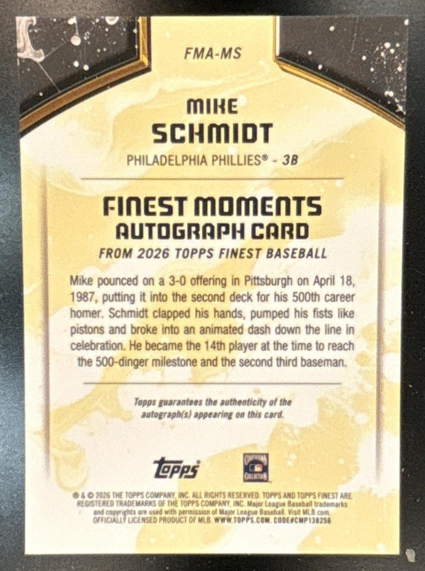 2026 Topps Finest Mike Schmidt Moments Auto Gold Refractor /50 Phillies