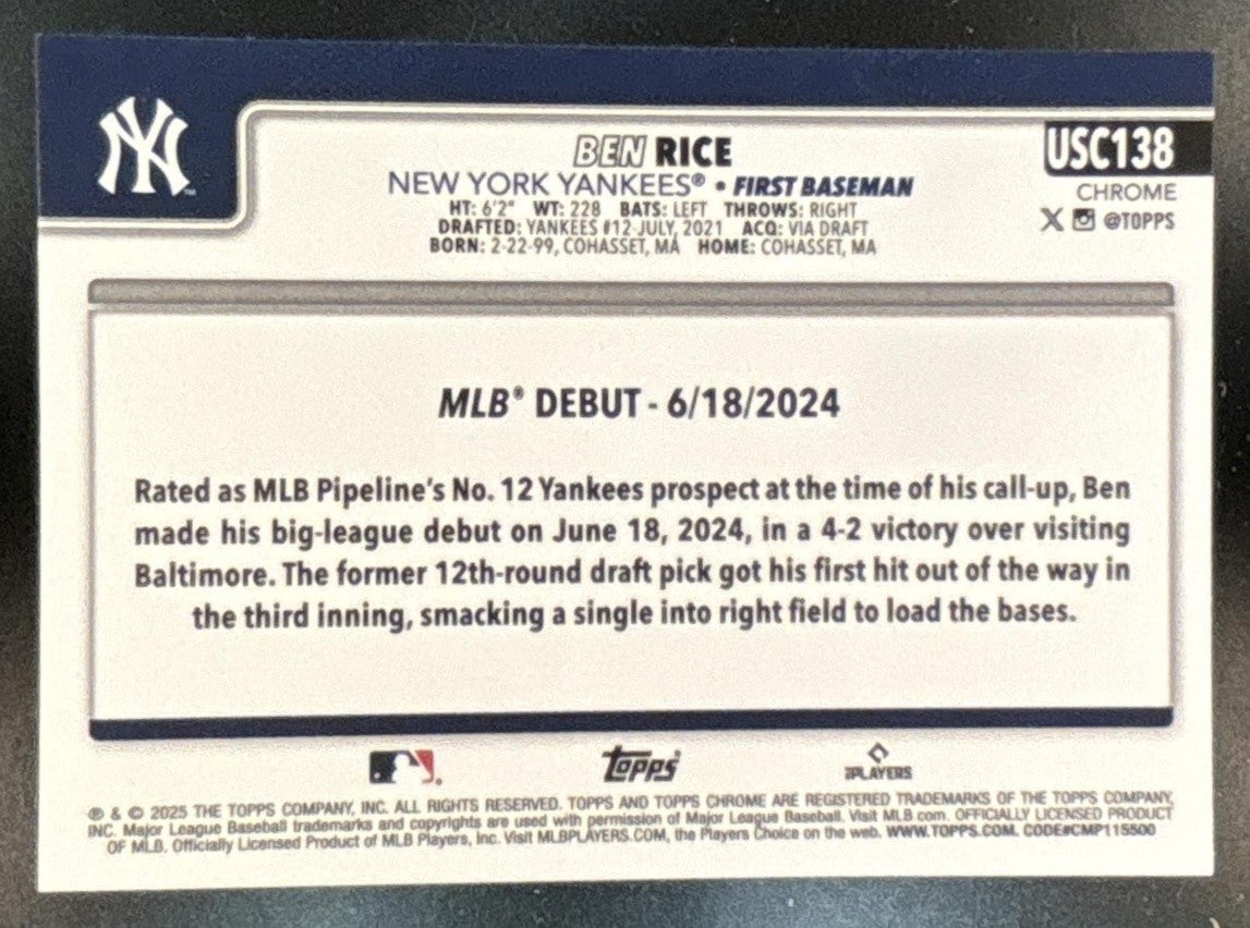 2025 Topps Chrome Update Ben Rice #USC138 RC New York Yankees