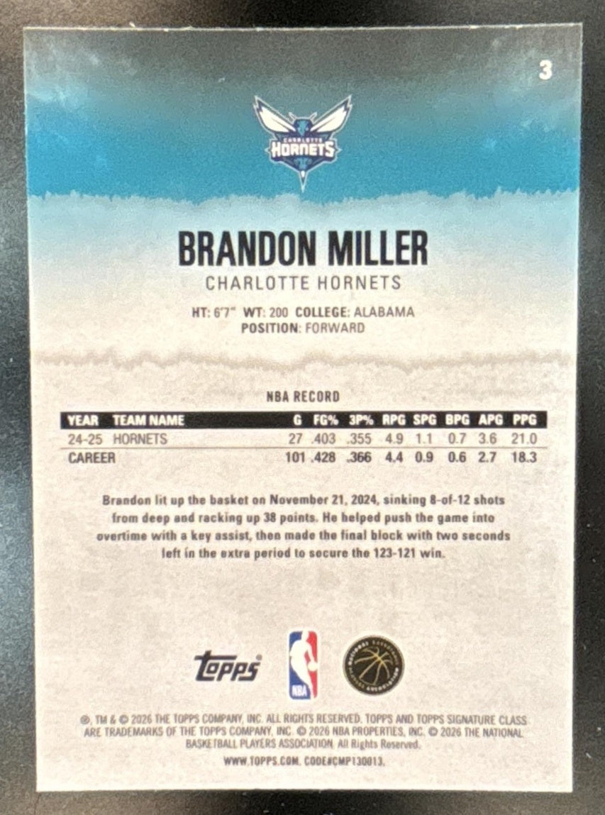 2025-26 Topps Signature Class Brandon Miller Chrome Teal /225 #3 Hornets