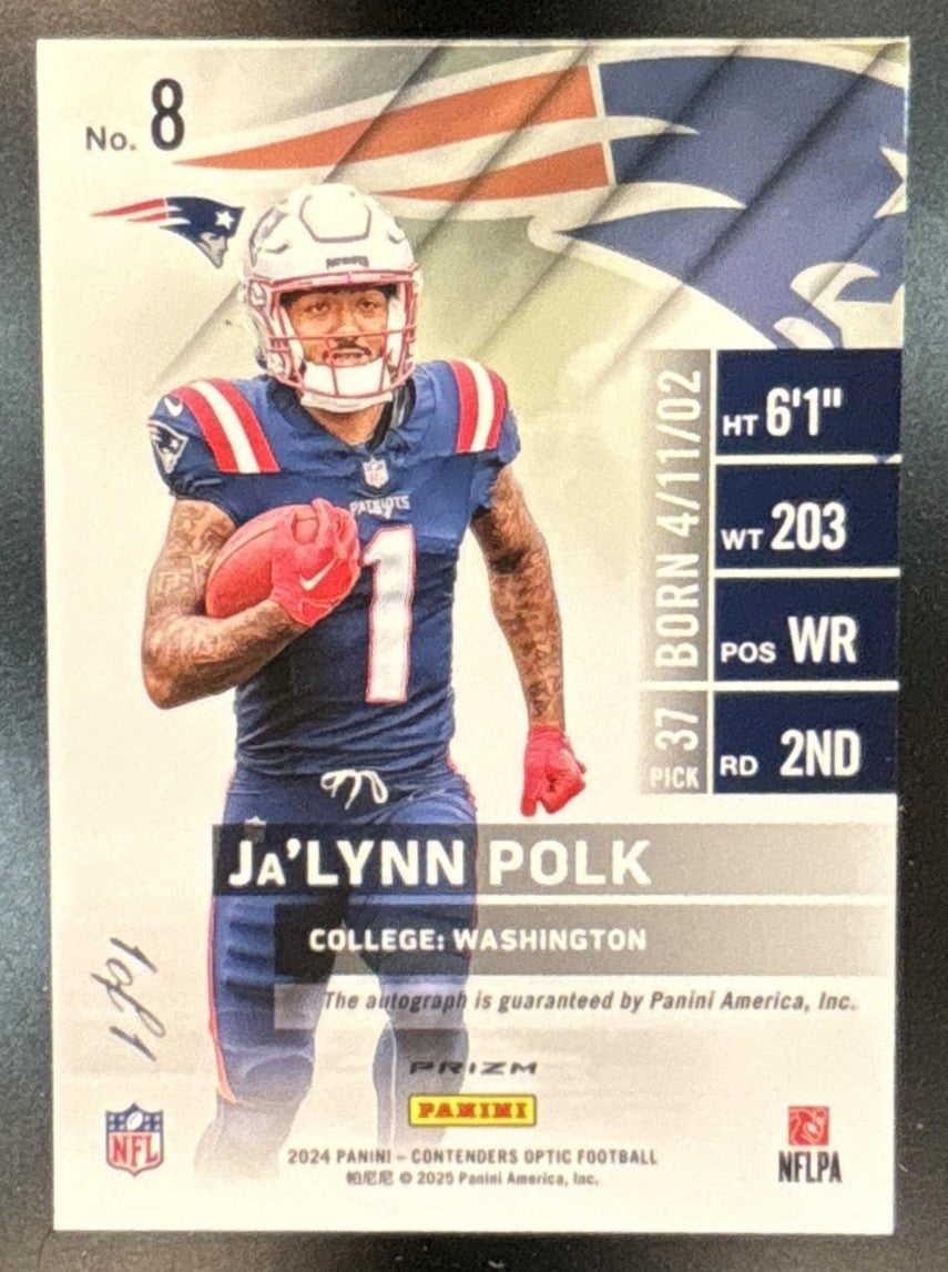 2025 Ja'Lynn Polk 2024 Contenders Optic Rookie Ticket RPS Auto Gold Vinyl 1/1 RC