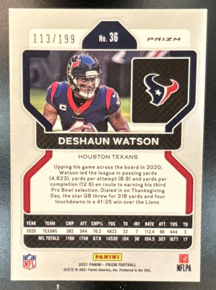 2021 Panini Prizm Deshaun Watson Blue Wave /199 #36 Houston Texans