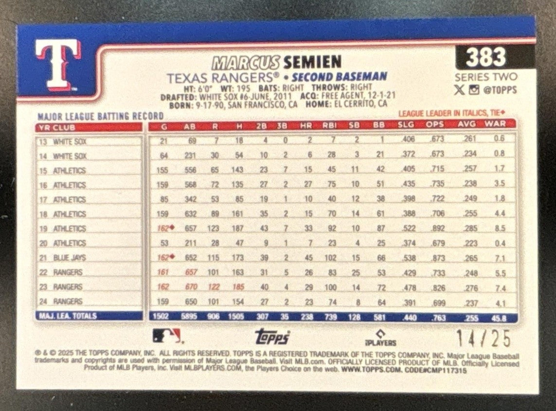 2025 Topps Marcus Semien FF NYC Big Apple Variation Orange /25 #383 Rangers