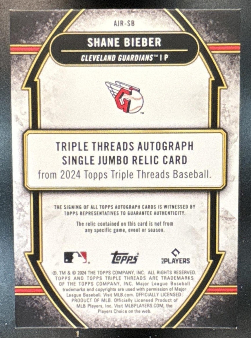 2024 Topps Triple Threads Shane Bieber Auto Jumbo Relic Gold /25 Guardians