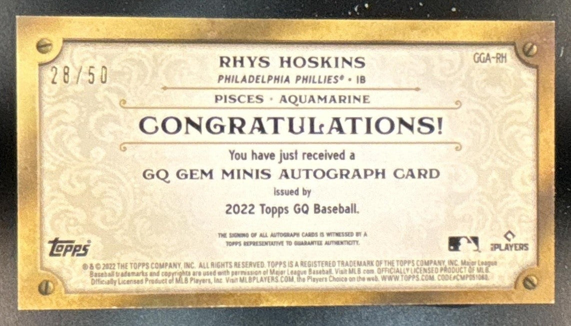 2022 Topps Gypsy Queen Rhys Hoskins Gems Mini Auto /50 Philadelphia Phillies