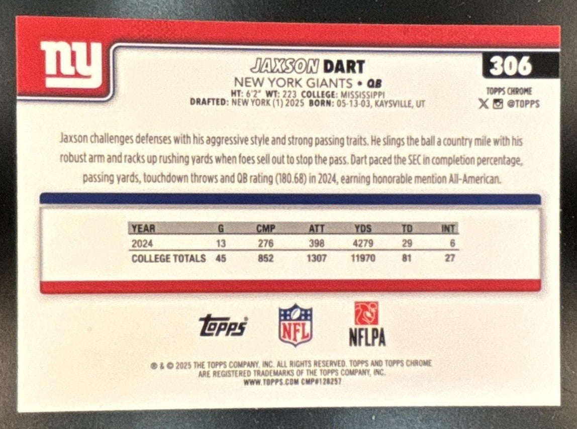 2025 Topps Chrome Jaxson Dart Purple Refractor /75 #306 RC New York Giants