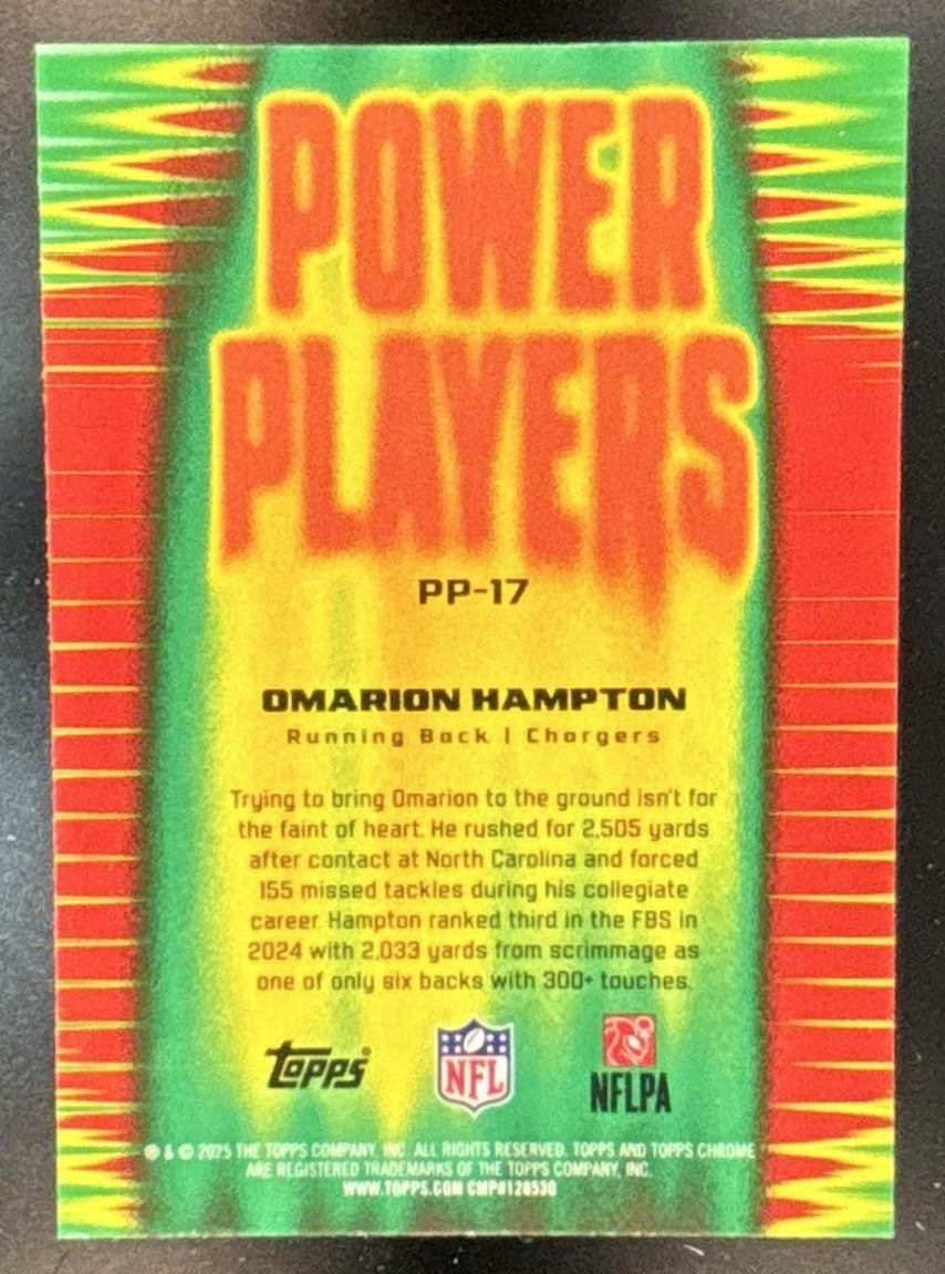 2025 Topps Chrome Omarion Hampton Power Players Yellow /275 RC Chargers