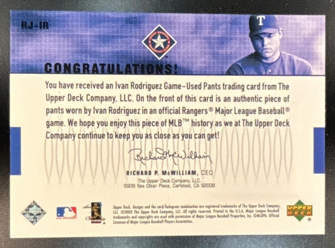 2003 Upper Deck Ivan Rodriguez Game Swatches #RJ-IR Texas Rangers