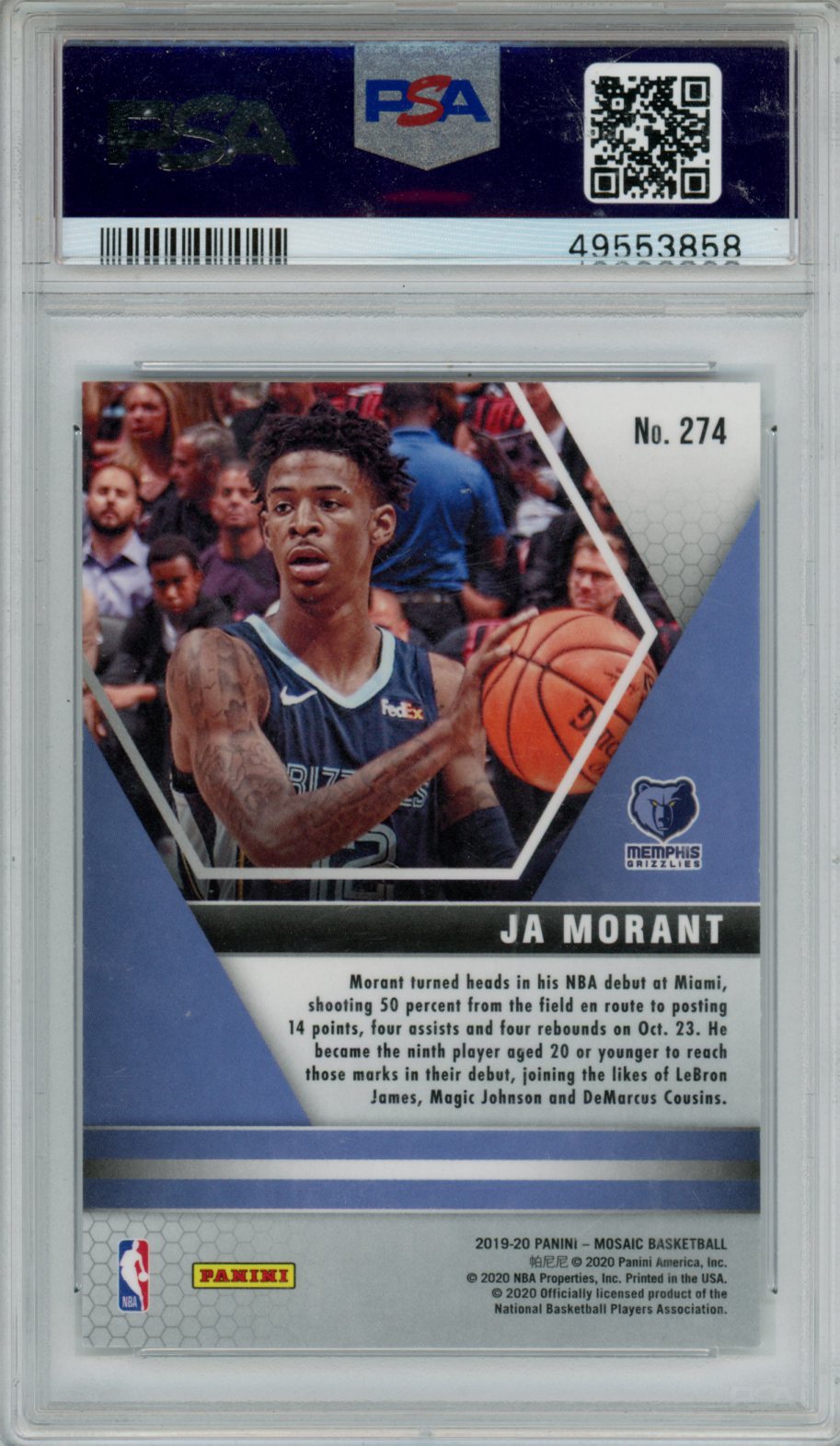 2019 Panini Mosaic Ja Morant Rookie #274 PSA 9 Memphis Grizzlies