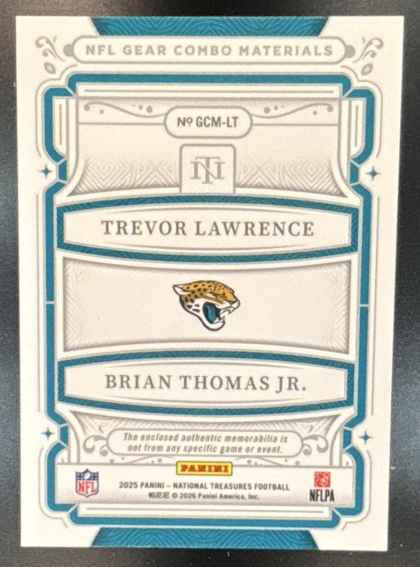 2025 National Treasures Trevor Lawrence Brian Thomas Jr. NFL Gear Combo /99 MEM