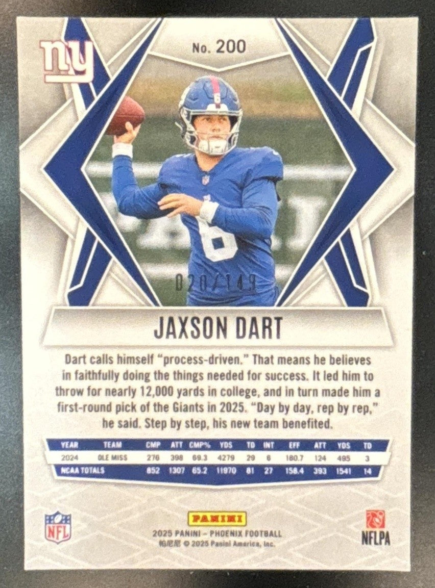2025 Panini Phoenix Jaxson Dart Green Hyper Prizm /149 #200 RC New York Giants