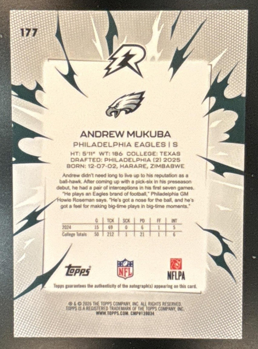 2025 Topps Resurgence Andrew Mukuba Signatures Blue Surge /99 RC Auto Eagles