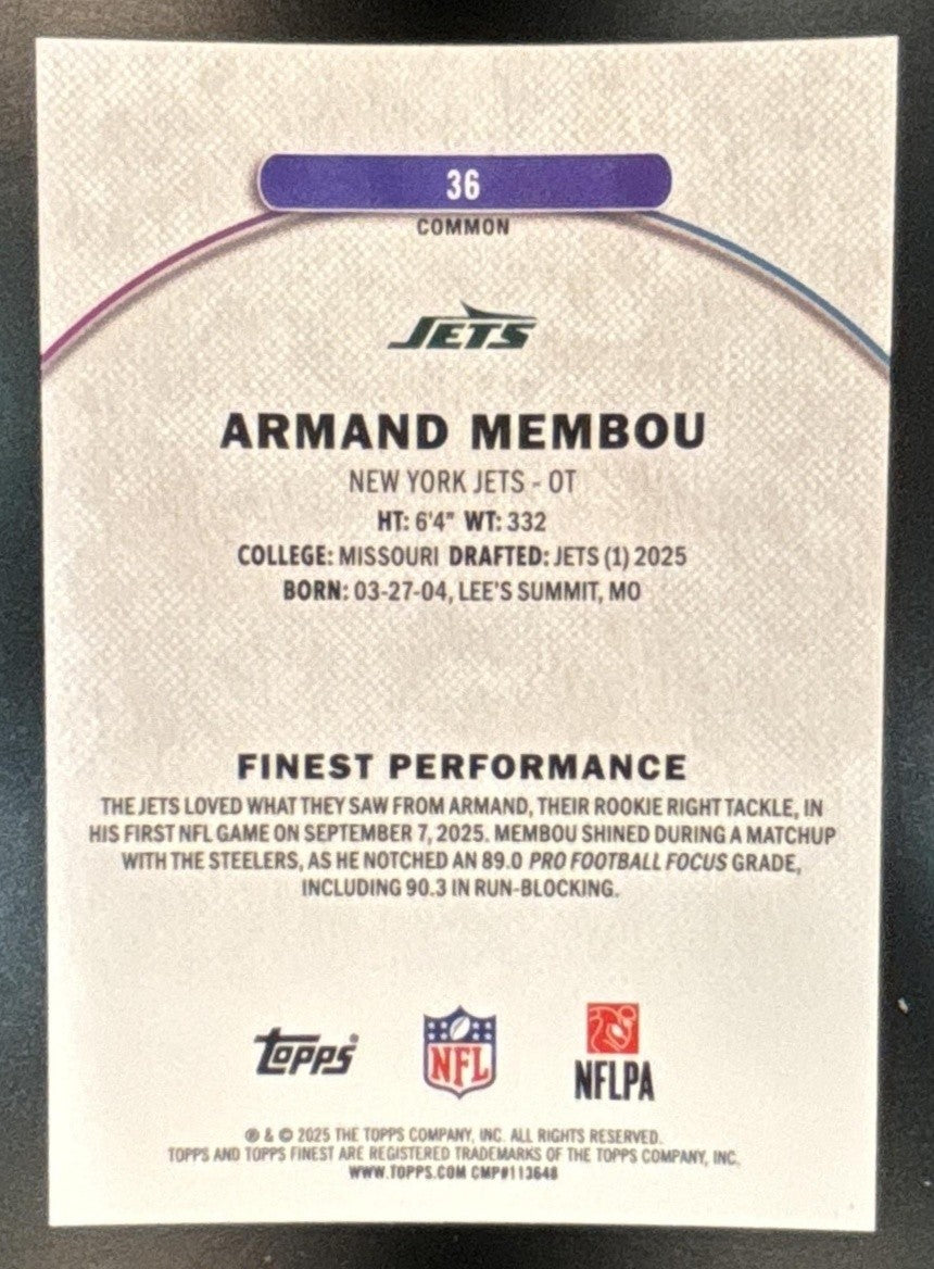 2025 Topps Finest Armand Membou Red Geometric Refractor /10 #36 RC New York Jets