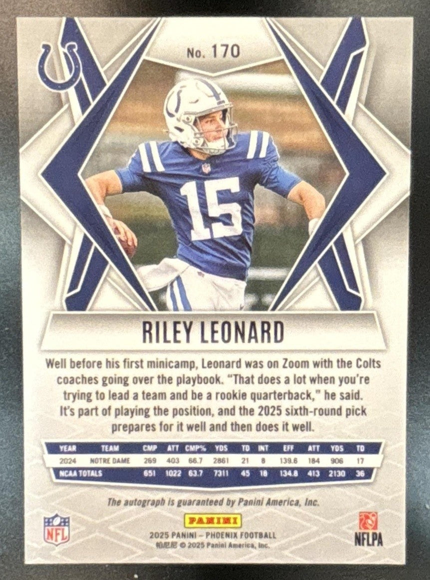 2025 Panini Phoenix Riley Leonard Auto Silver Pandora #170 RC Colts