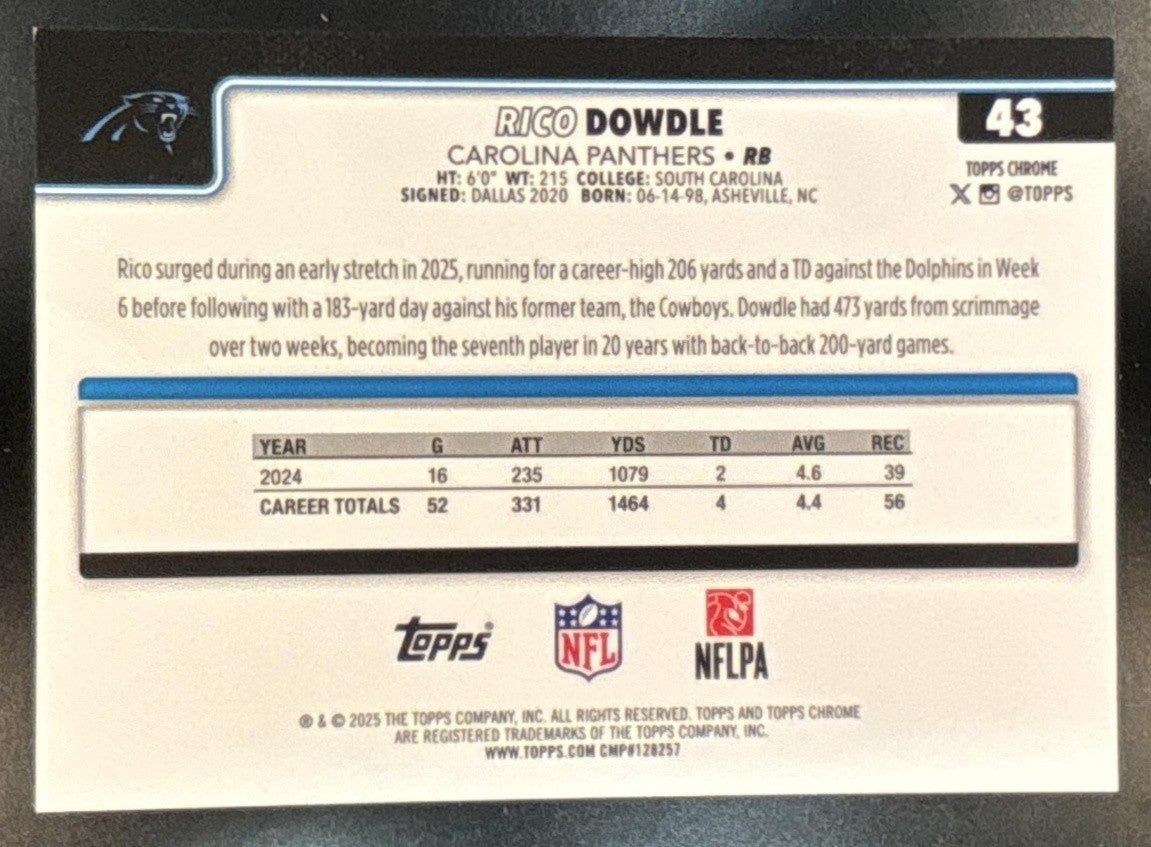 2025 Topps Chrome Sapphire Rico Dowdle Black Refractor 1/10 #43 Panthers