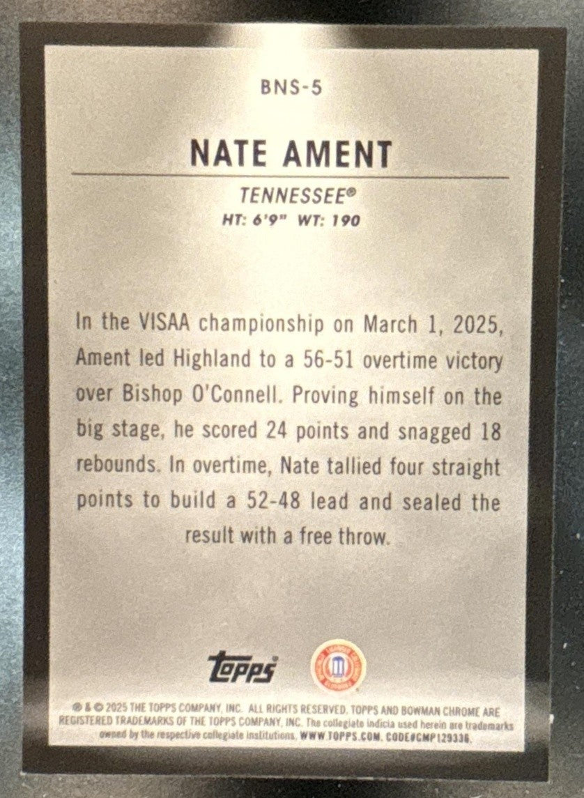 2025-26 Bowman Nate Ament Spotlights NIL #BNS-5 SP Tennessee Volunteers