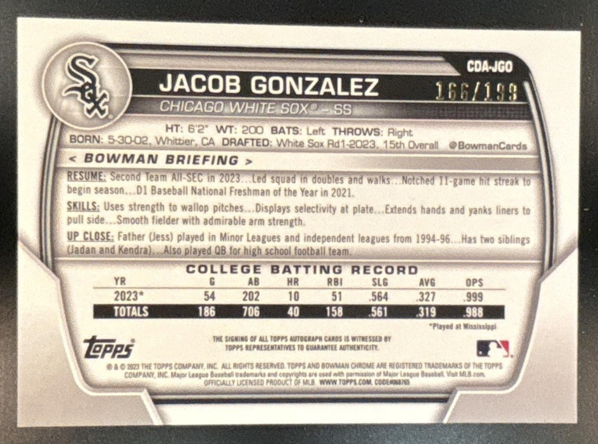 2023 Bowman Draft Jacob Gonzalez Chrome Auto Aqua Lava /199 1st Prospect
