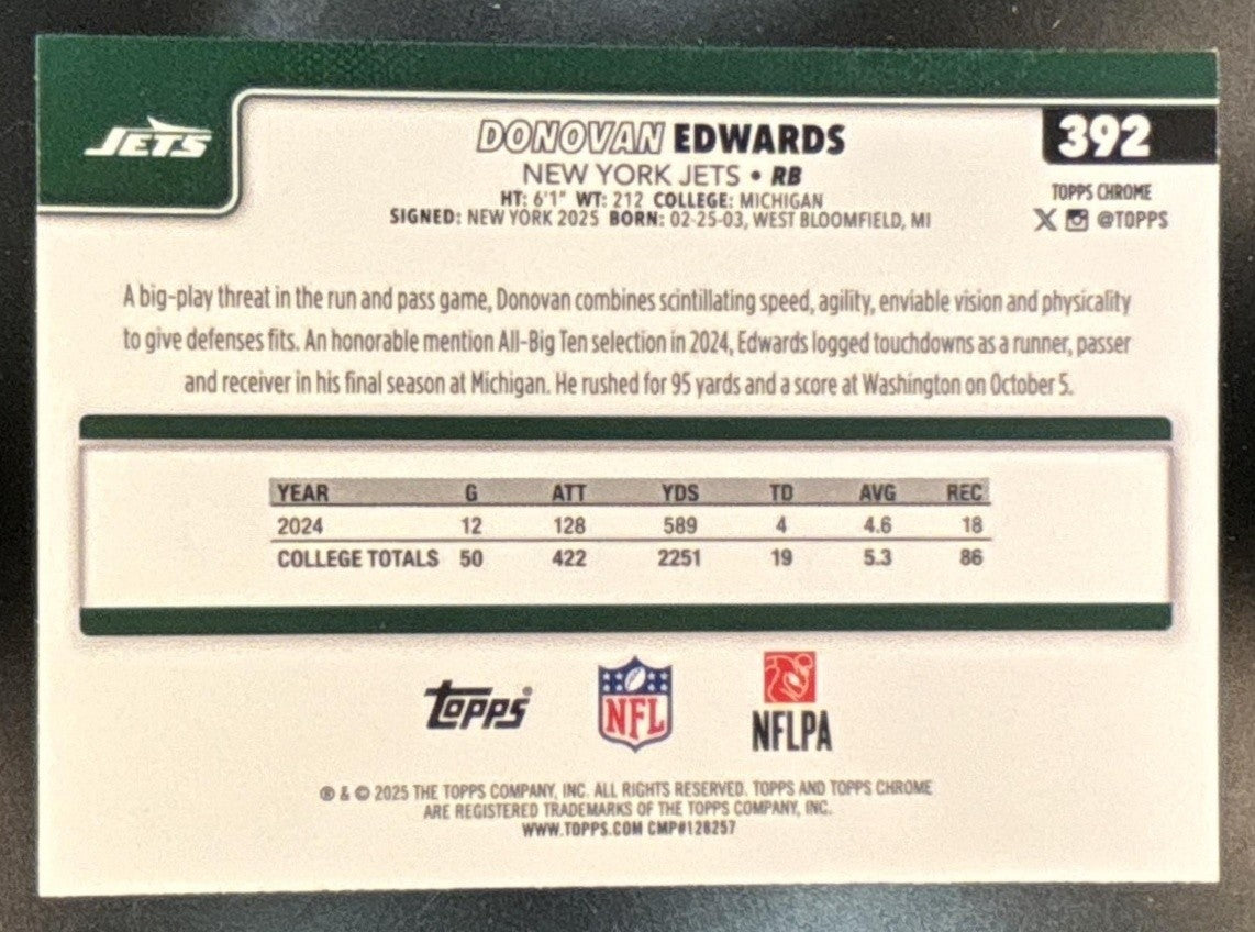 2025 Topps Chrome Donovan Edwards Green Wave Refractor /99 #392 RC New York Jets