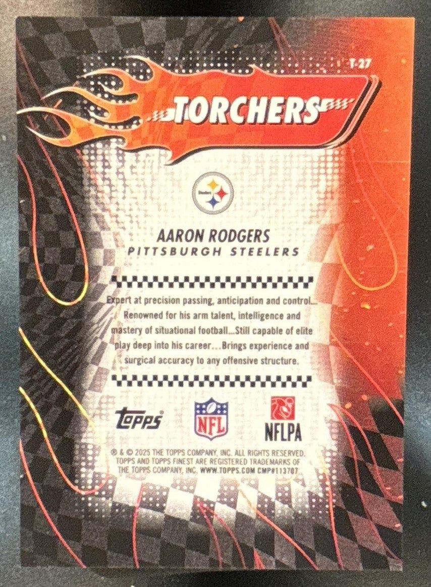 2025 Topps Finest Aaron Rodgers Torchers Black Refractor /10 Pittsburgh Steelers