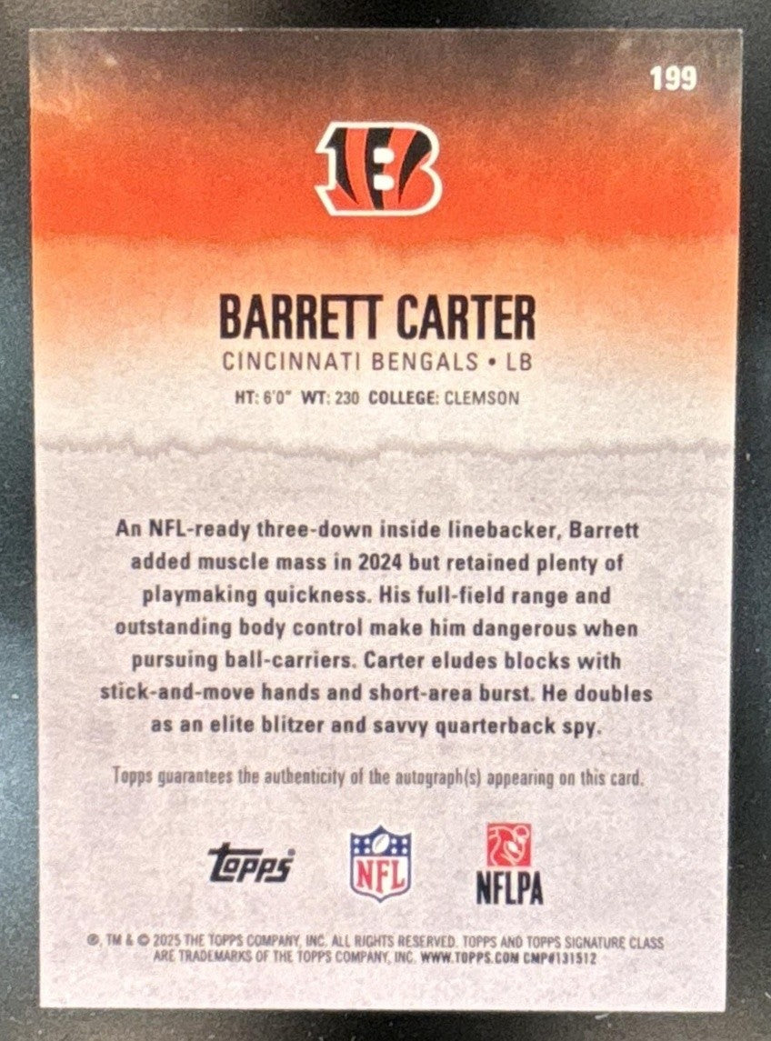 2025 Topps Signature Class Barrett Carter Rookie Auto #199 RC Cincinnati Bengals