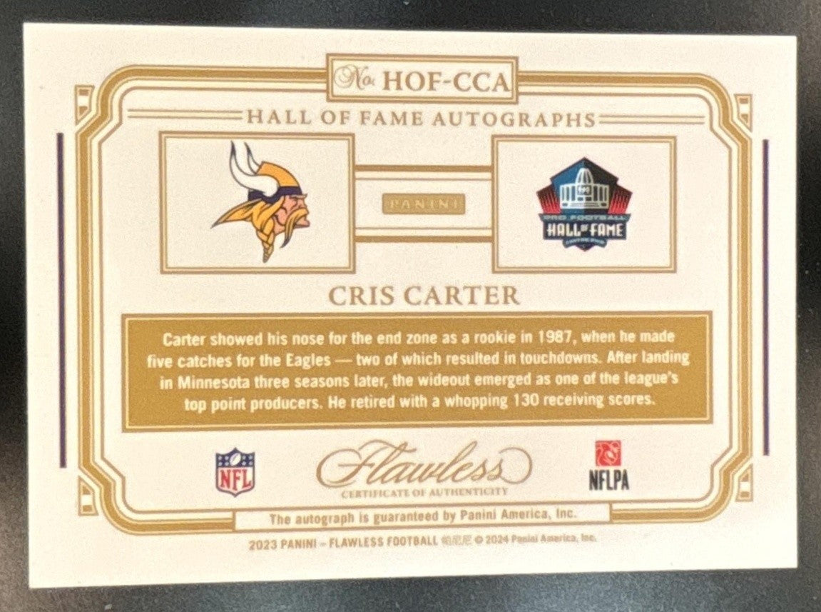 2023 Panini Flawless Cris Carter Hall of Fame Auto Silver /20 Minnesota Vikings
