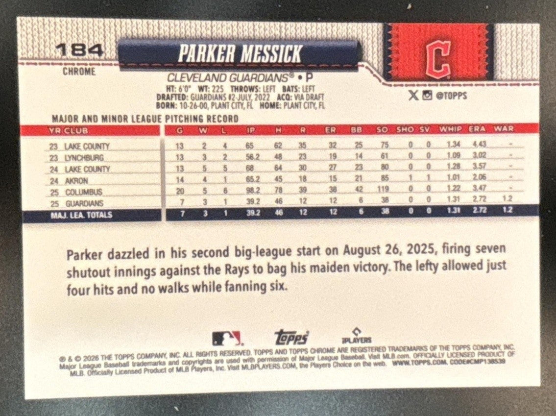 2026 Topps Chrome Parker Messick Green X-Fractor /99 #184 RC Cleveland Guardians