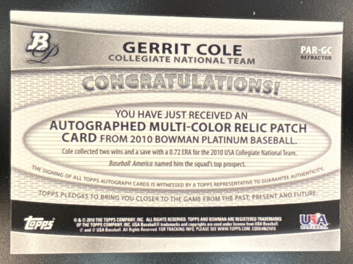 2010 Bowman Platinum Gerrit Cole Relic Auto Red Refractor /10 #PAR-GC USA