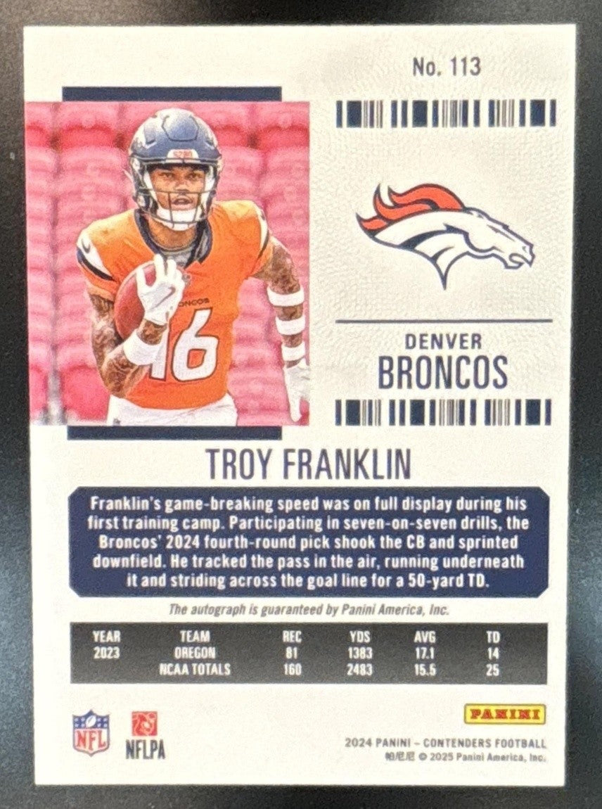 2024 Panini Contenders Troy Franklin SP Rookie Ticket Auto /23 RC Denver Broncos