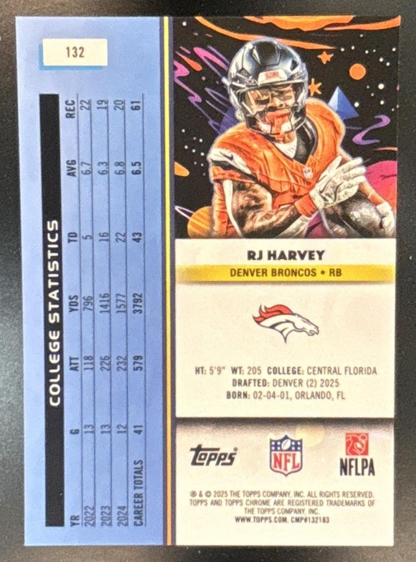 2025 Topps Cosmic Chrome RJ Harvey Orange Galactic /25 #132 RC Denver Broncos