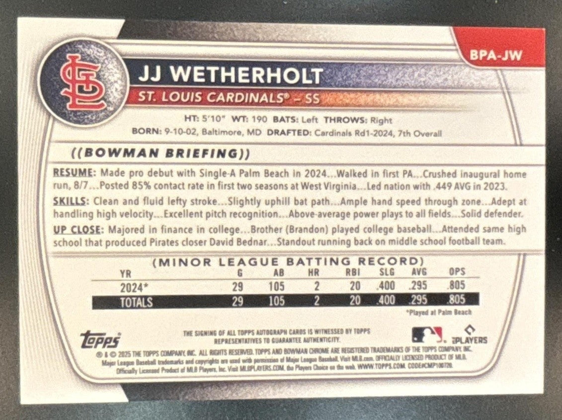 2025 Bowman JJ Wetherholt Auto Purple /250 1st Prospect St. Louis Cardinals