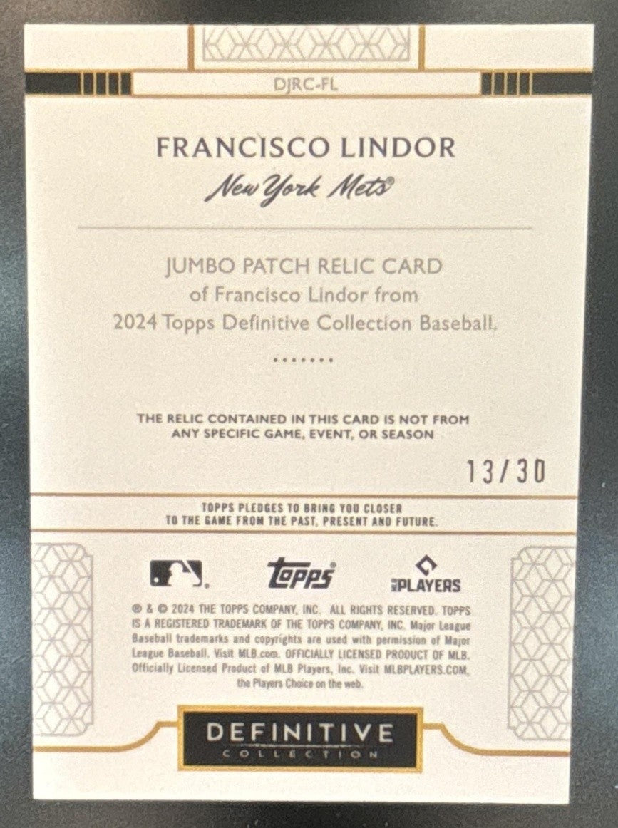 2024 Topps Definitive Collection Francisco Lindor Jumbo Relic Blue /30 Mets