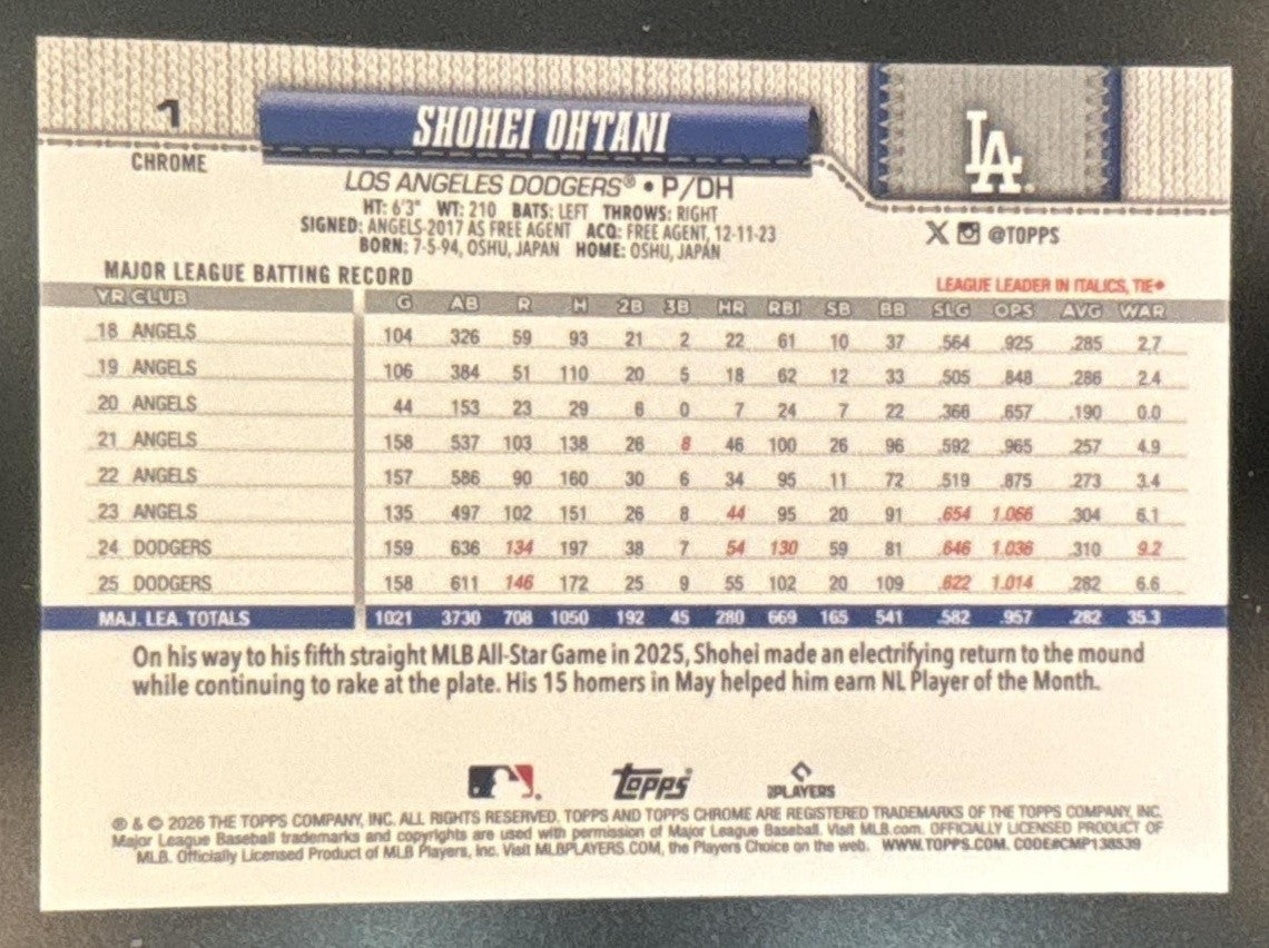 2026 Topps Chrome Shohei Ohtani #1 Los Angeles Dodgers