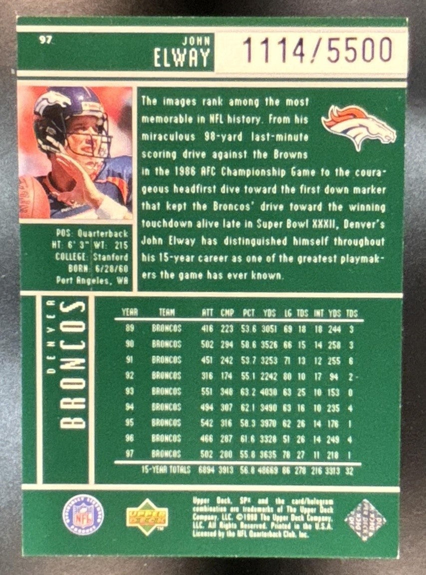 1998 SPx Finite John Elway /5500 #97 Denver Broncos