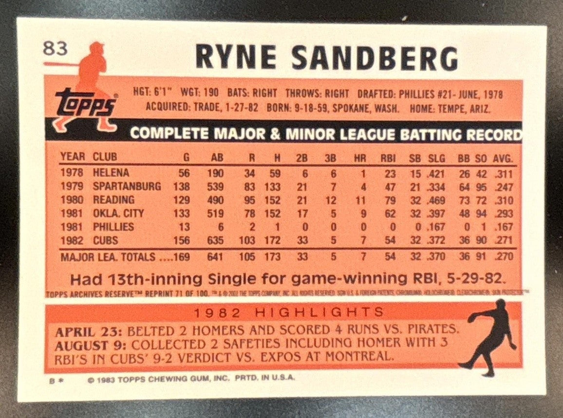 2001 Topps Archives Reserve Ryne Sandberg #71 Chicago Cubs