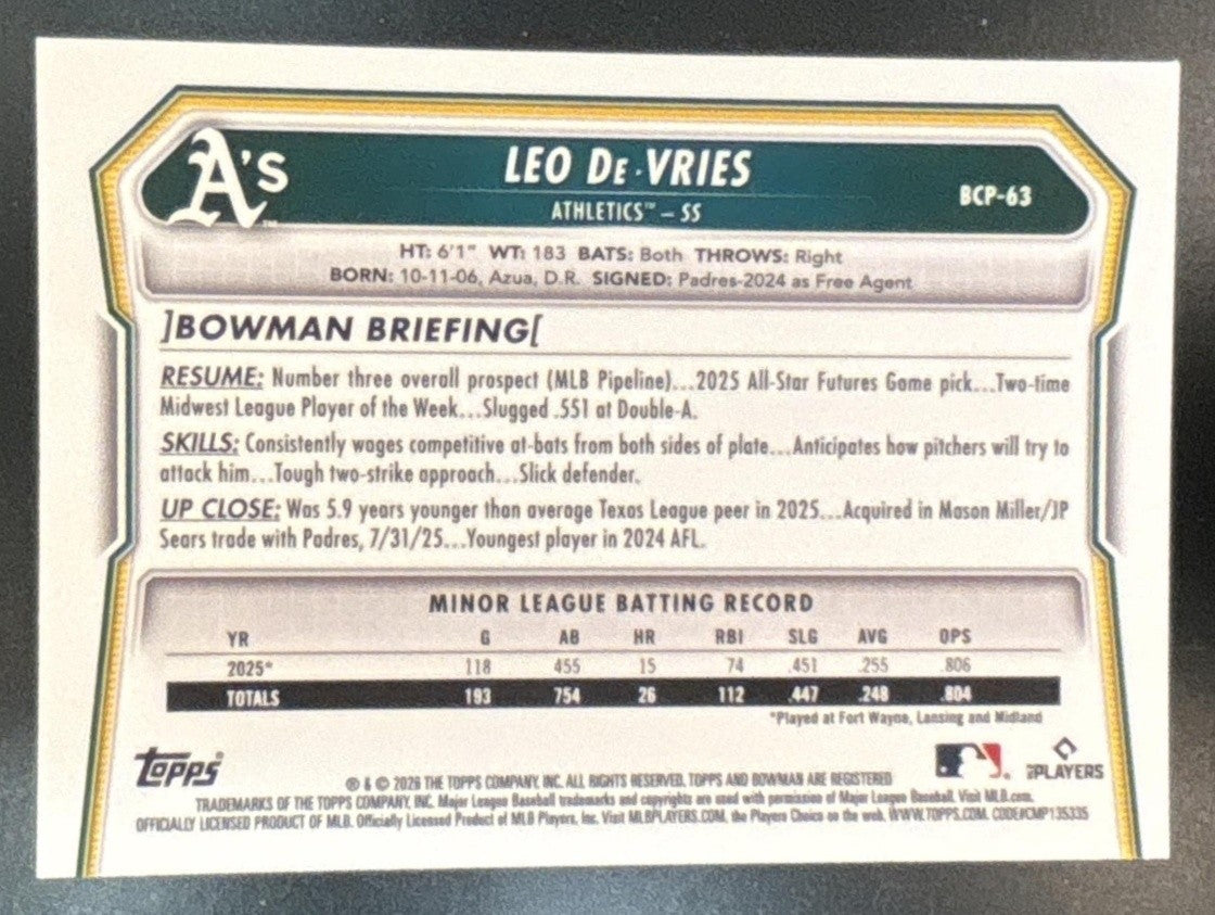 2026 Bowman Leo De Vries Chrome Prospects PackFractor Variation /89 Athletics