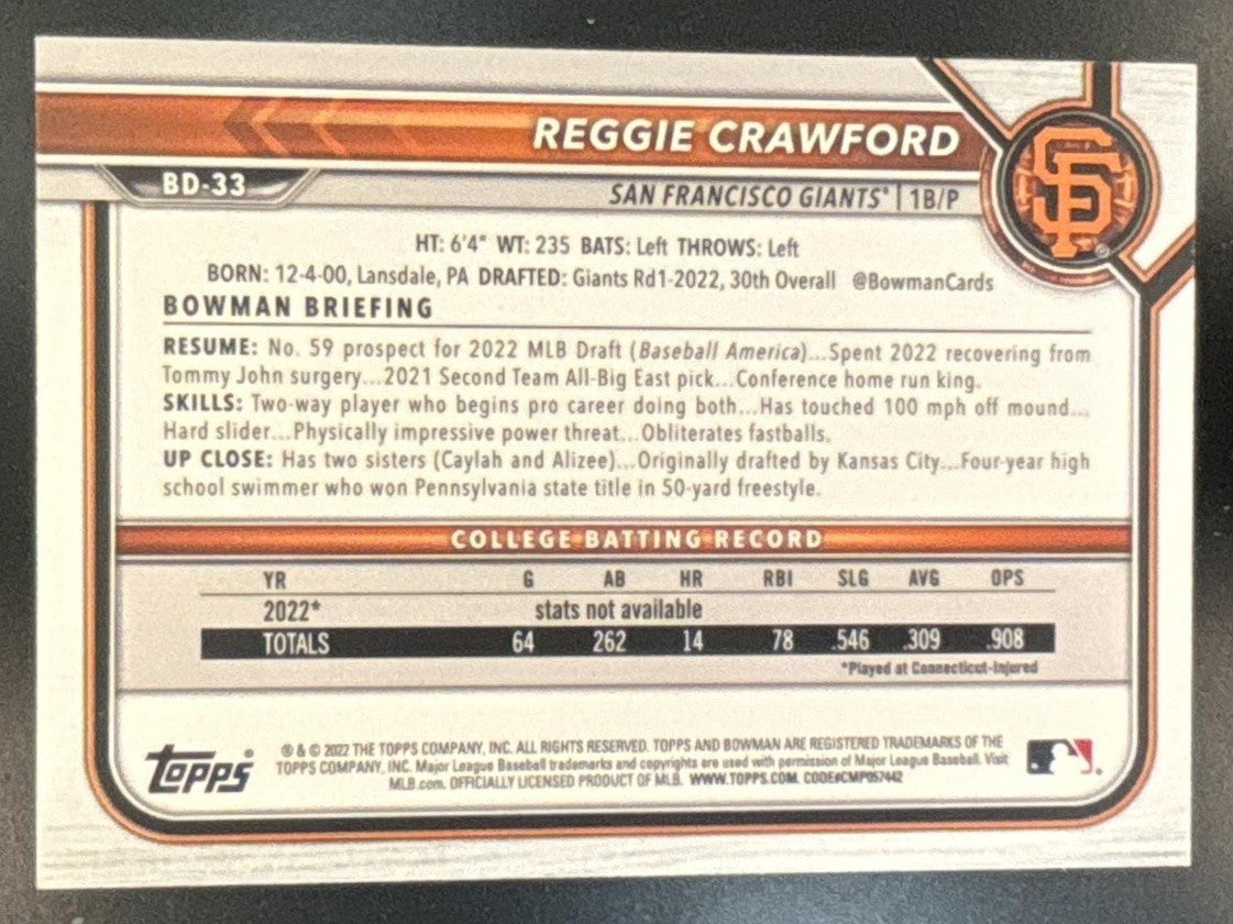 2022 Bowman Draft 1st Edition Reggie Crawford Gold 50/50 #BD-33 Giants