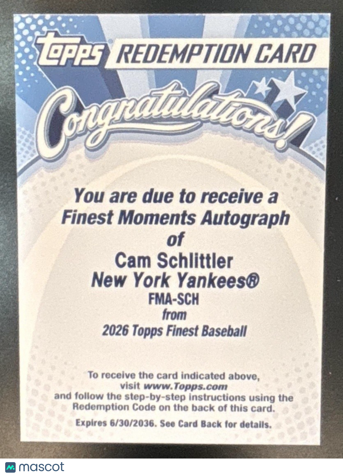 2026 Topps Finest Cam Schlittler Moments Auto REDEMPTION RC New York Yankees