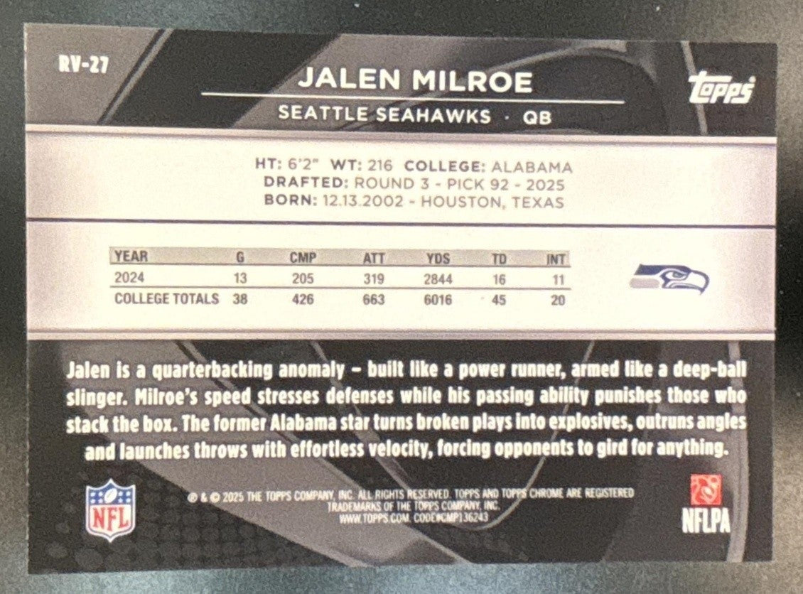 2025 Topps Chrome Black Jalen Milroe Rookie Design Variation Gold /50 #RV-27 RC