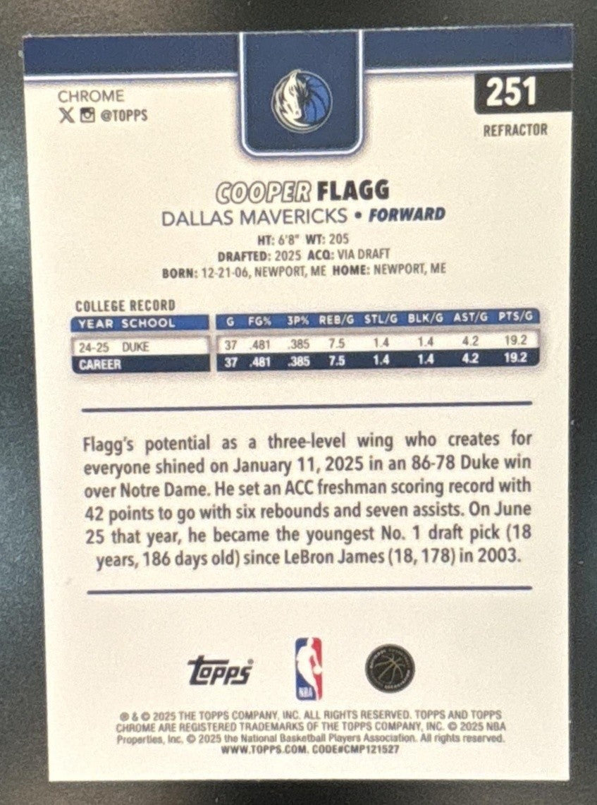 2025-26 Topps Chrome Cooper Flagg Refractor #251 RC Dallas Mavericks